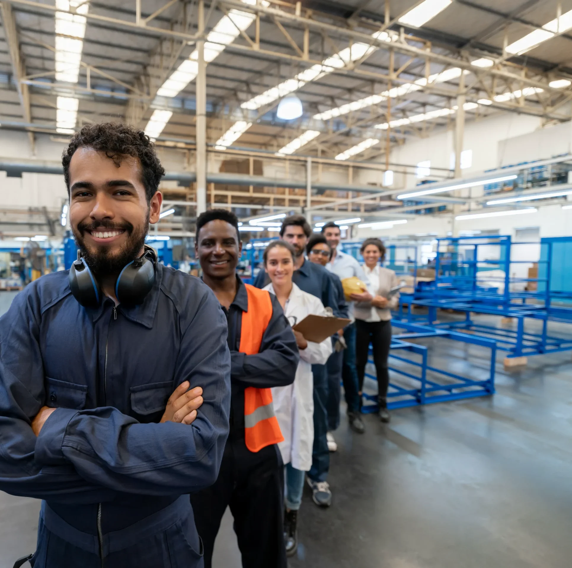 Mitarbeitende in einer Produktionshalle als Symbol für zuverlässigen Mitarbeitershuttle